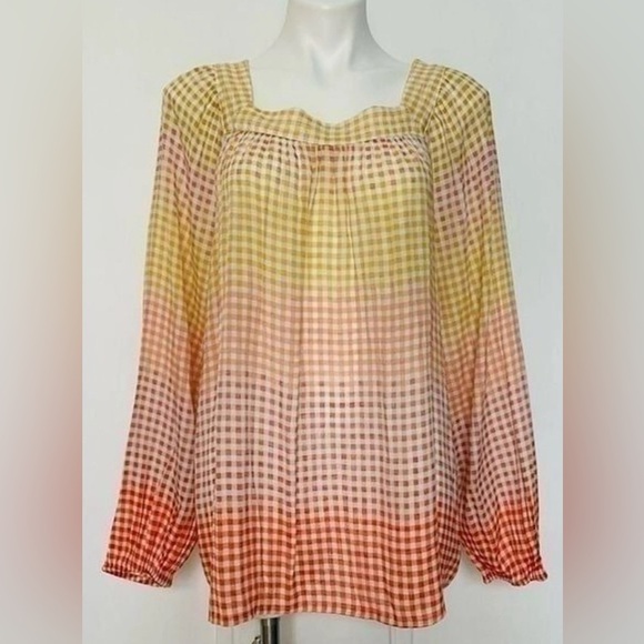 LC Lauren Conrad Women's Sheer Long Sleeve Multicolor Gingham Plaid Ombre Sz M - Picture 1 of 7